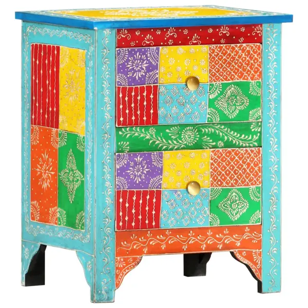 Käsitsi maalitud mangopuidust öökapp, 2 sahtliga, mitmevärviline, 40 x 30 x 50 cm – 10