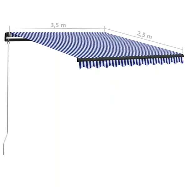 Käsitsi sissetõmmatav terrassi- ja rõduvarikatus, 350 x 250 cm, sinine ja valge kangas, hall alumiiniumraam – 7