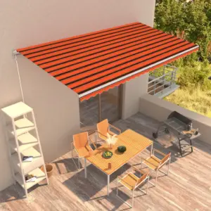Käsitsi sissetõmmatav terrassimarkiis, 600 x 300 cm, oranž-pruun kangas, valge alumiiniumraam