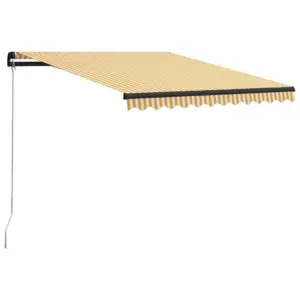 Käsitsi sissetõmmatav terrassivarikatus, kollase-valge triibuline kangas, hall raam, 300 x 250 cm