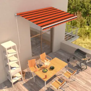Käsitsi sissetõmmatav terrassivarikatus UV-kaitsega, oranž-pruun triibuline, valge alumiiniumraam, 350 x 250 cm