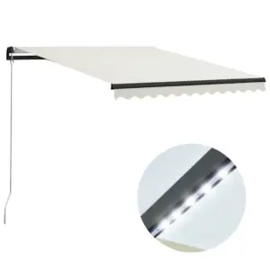 Käsitsi sissetõmmatav terrassivarikatus LED-valgustusega, 300 x 250 cm, kreemjasvalge kangas ja hall raam