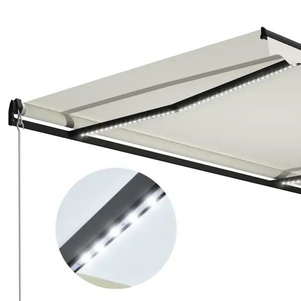 Käsitsi sissetõmmatav terrassivarikatus LED-valgustusega, 300 x 250 cm, kreemjasvalge kangas ja hall raam – 5