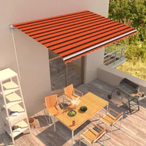 Käsitsi sissetõmmatav varikatus terrassile, 450 x 300 cm, oranž-pruun kangas, valge alumiiniumraam