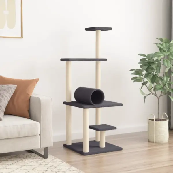 Mitmetasandiline kassimaja sisalist kraapimispostidega, tumehall plüüs, 136 cm – 3