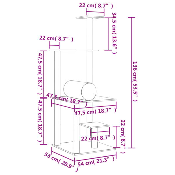 Mitmetasandiline kassimaja sisalist kraapimispostidega, tumehall plüüs, 136 cm – 8
