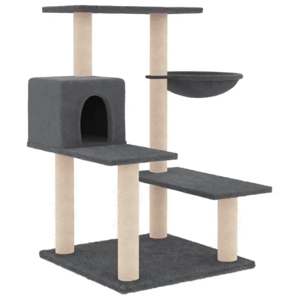 Mitmetasandiline kassipuu majaga ja sisalpostidega, tumehall plüüs, 72,5 x 59,5 x 82,5 cm – 2