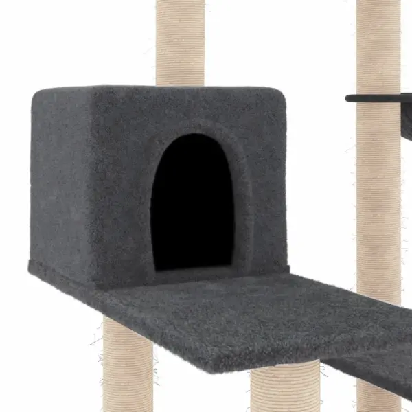 Mitmetasandiline kassipuu majaga ja sisalpostidega, tumehall plüüs, 72,5 x 59,5 x 82,5 cm – 6