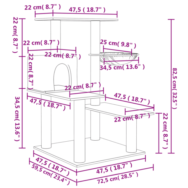 Mitmetasandiline kassipuu majaga ja sisalpostidega, tumehall plüüs, 72,5 x 59,5 x 82,5 cm – 8