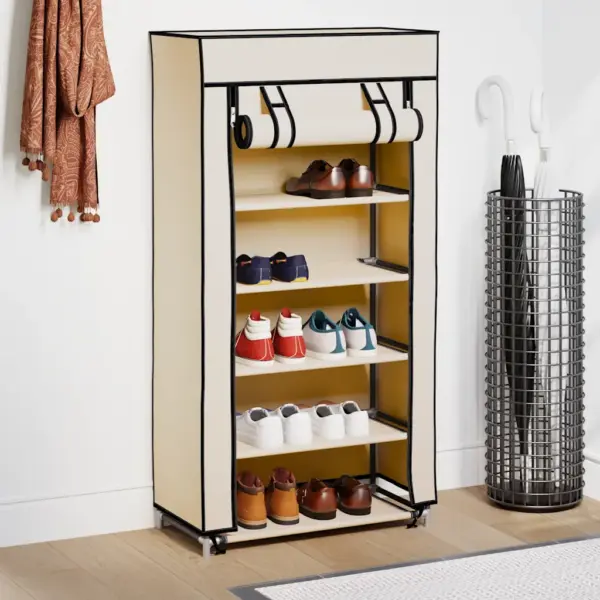Kattega kingakapp 5 riiuliga, kreemjasvalge kangas, 58 x 28 x 106 cm – 3