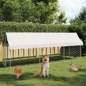 Katusega koeraaedik lukustatava väravaga, hõbedane tsingitud teras, 400 x 100 x 150 cm