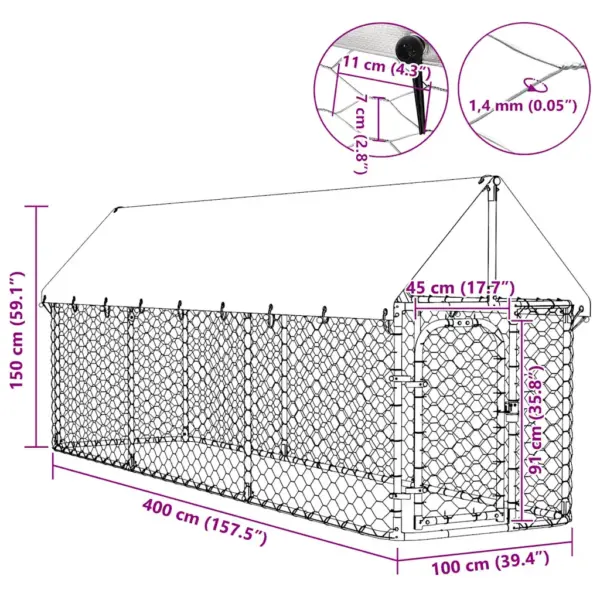 Katusega koeraaedik lukustatava väravaga, hõbedane tsingitud teras, 400 x 100 x 150 cm – 13