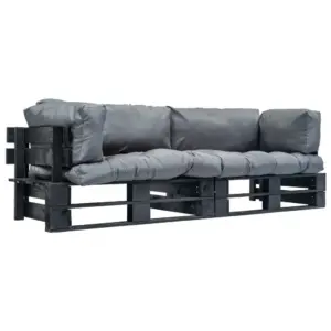 Kaubaalustest aiadiivanikomplekt hallide patjadega, 2-osaline, must immutatud männipuit, 220 x 66 x 65 cm