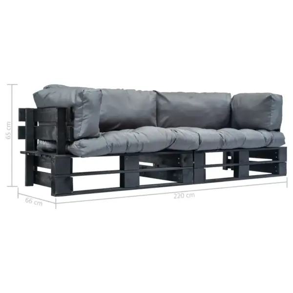 Kaubaalustest aiadiivanikomplekt hallide patjadega, 2-osaline, must immutatud männipuit, 220 x 66 x 65 cm – 5