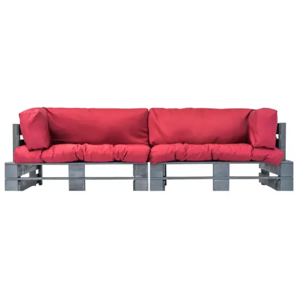 2-osaline kaubaalustest aiadiivanikomplekt punaste patjadega, hallimmutatud männipuit, 220 x 66 x 65 cm – 2