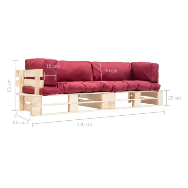 2-osaline kaubaalustest aiadiivani komplekt, punased padjad, immutatud männipuit, 220 cm – 5
