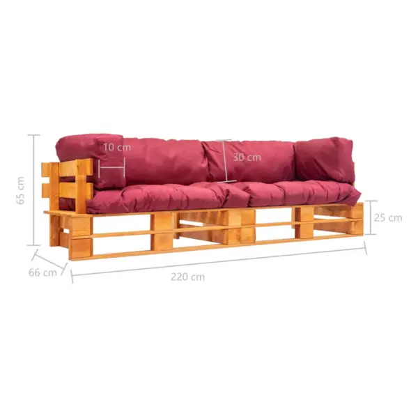 2-osaline kaubaalustest aiadiivanikomplekt punaste patjadega, kuldpruun immutatud männipuit, 220 x 66 x 65 cm – 5