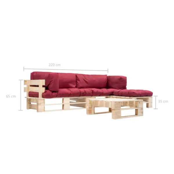 4-osaline kaubaalustest aiadiivani komplekt punaste patjadega, immutatud männipuit, 220 x 126 x 65 cm – 5