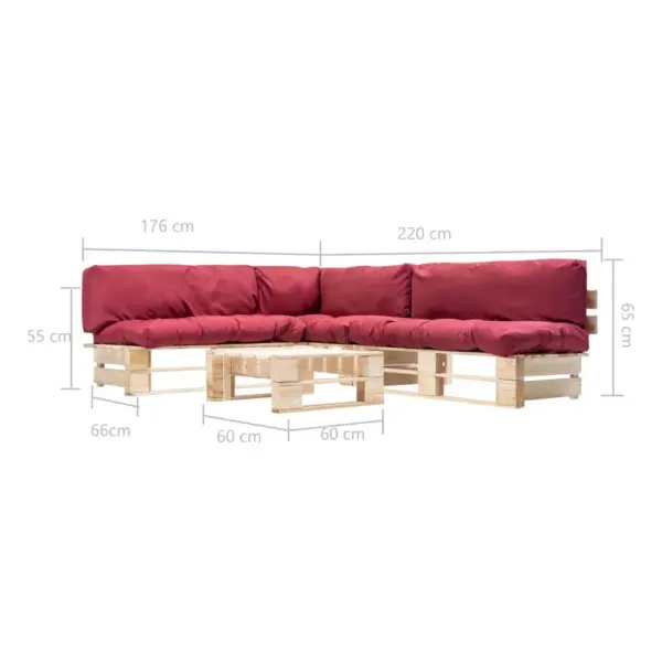 4-osaline kaubaalustest aiamööbli komplekt punaste patjadega, immutatud männipuit, diivanikomplekt 220 x 176 x 65 cm – 5