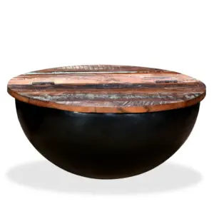 Kausikujuline kohvilaud peidetud hoiuruumiga, taaskasutatud puit ja must teras, 60 x 27 cm