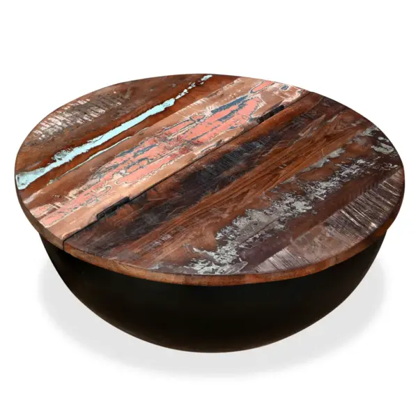 Kausikujuline kohvilaud peidetud hoiuruumiga, taaskasutatud puit ja must teras, 60 x 27 cm – 2
