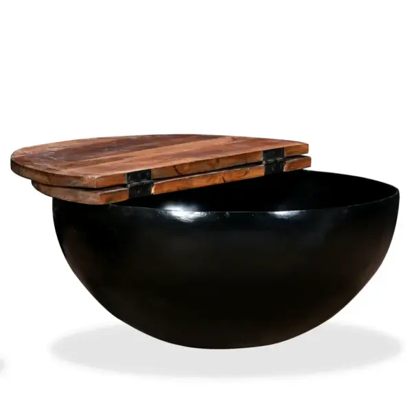 Kausikujuline kohvilaud peidetud hoiuruumiga, taaskasutatud puit ja must teras, 60 x 27 cm – 4