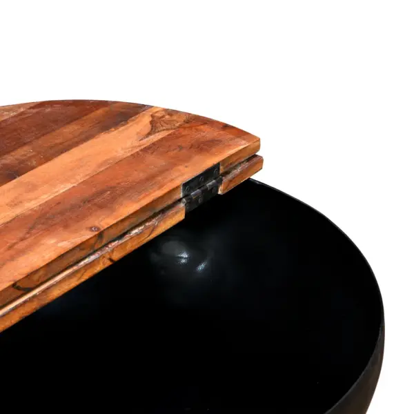 Kausikujuline kohvilaud peidetud hoiuruumiga, taaskasutatud puit ja must teras, 60 x 27 cm – 5