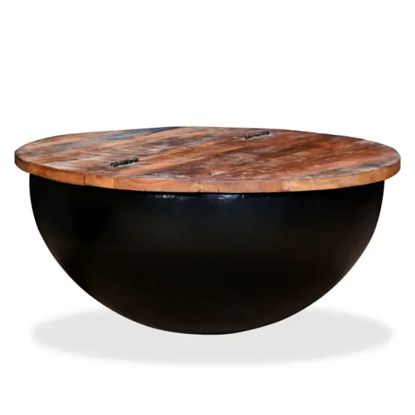 Kausikujuline kohvilaud peidetud hoiuruumiga, taaskasutatud puit ja must teras, 60 x 27 cm – 8