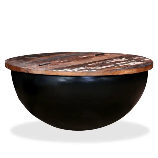 Kausikujuline kohvilaud peidetud hoiuruumiga, taaskasutatud puit ja must teras, 60 x 27 cm – 9