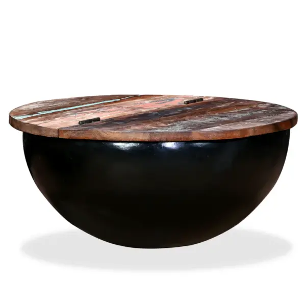 Kausikujuline kohvilaud peidetud hoiuruumiga, taaskasutatud puit ja must teras, 60 x 27 cm – 10