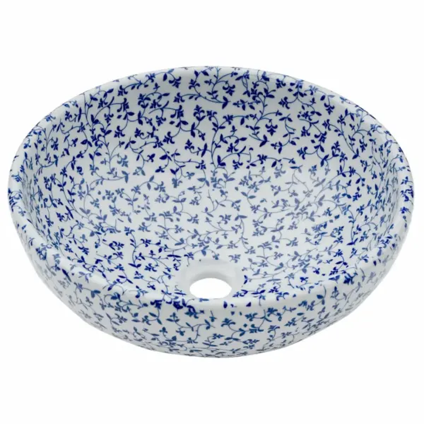 Ümmargune tööpinnale paigaldatav käsitsi valmistatud keraamiline valamu, valge-sinine, 41 x 14 cm – 3