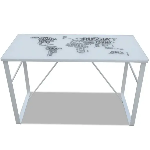 Kirjutuslaud maailmakaardi mustriga, valge, karastatud klaas ja raud, 120 x 60 x 75 cm – 4