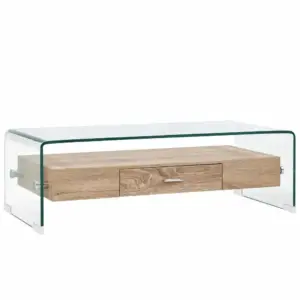 Läbipaistev karastatud klaasist kohvilaud tamme MDF-riiuli ja sahtliga, 98 x 45 x 31 cm