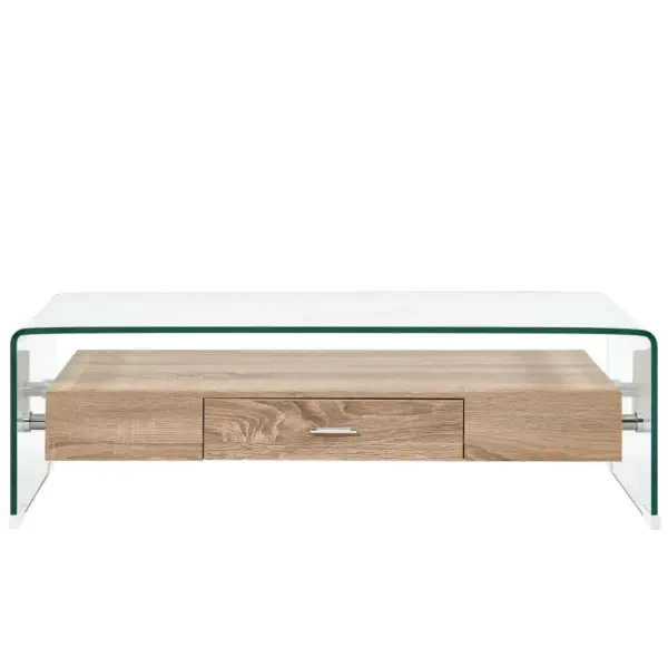 Läbipaistev karastatud klaasist kohvilaud tamme MDF-riiuli ja sahtliga, 98 x 45 x 31 cm – 2