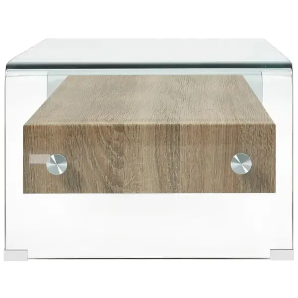 Läbipaistev karastatud klaasist kohvilaud tamme MDF-riiuli ja sahtliga, 98 x 45 x 31 cm – 3