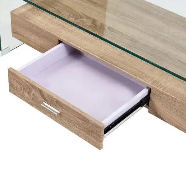Läbipaistev karastatud klaasist kohvilaud tamme MDF-riiuli ja sahtliga, 98 x 45 x 31 cm – 4