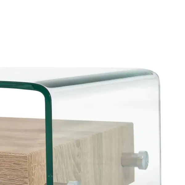 Läbipaistev karastatud klaasist kohvilaud tamme MDF-riiuli ja sahtliga, 98 x 45 x 31 cm – 5