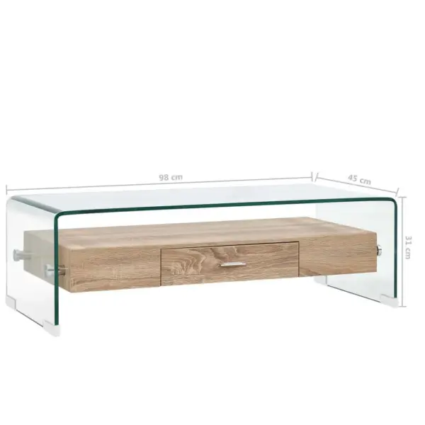 Läbipaistev karastatud klaasist kohvilaud tamme MDF-riiuli ja sahtliga, 98 x 45 x 31 cm – 6