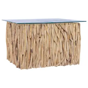 Klaasplaadiga tiigipuust kohvilaud, helepruun, 66 x 66 x 40 cm