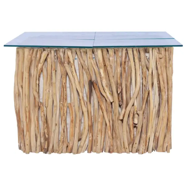 Klaasplaadiga tiigipuust kohvilaud, helepruun, 66 x 66 x 40 cm – 2