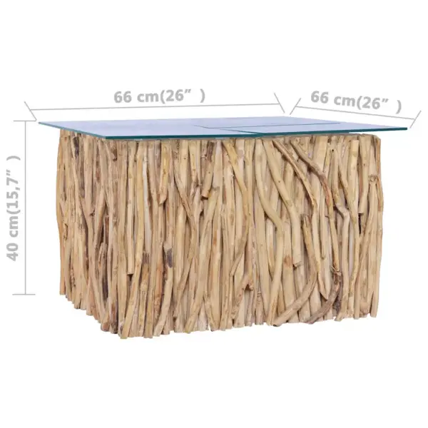 Klaasplaadiga tiigipuust kohvilaud, helepruun, 66 x 66 x 40 cm – 4