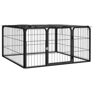 Koera väliaedik katusega, 4 paneeli, must pulbervärvitud teras, 100 x 100 x 50 cm