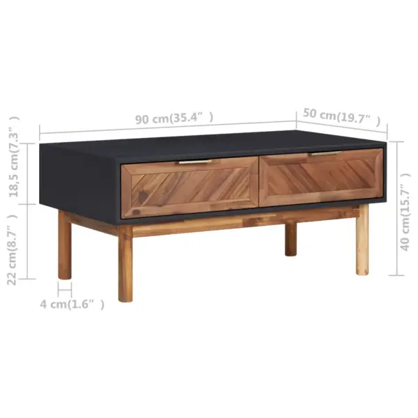 Kohvilaud 2 sahtliga, akaatsiapuit ja MDF, matt must/tumepruun, 90 x 50 x 40 cm – 7