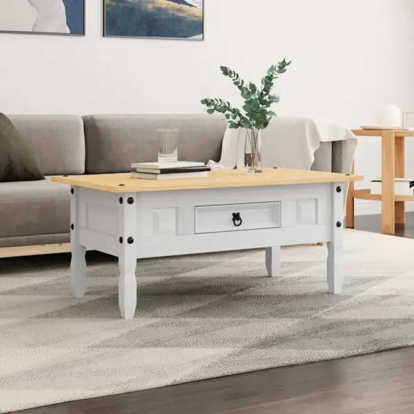 Täispuidust kohvilaud sahtliga, Mehhiko Corona stiil, valge/pruun, 100 x 55 x 44 cm - 3
