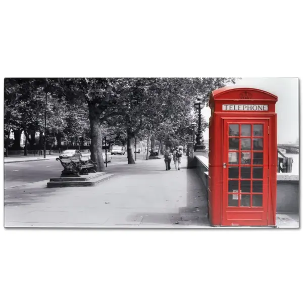 Klaasplaadiga kohvilaud telefonikabiini mustriga, must raudraam, 90 x 45 x 32 cm – 2