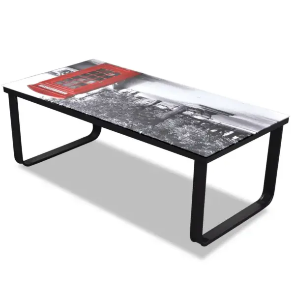 Klaasplaadiga kohvilaud telefonikabiini mustriga, must raudraam, 90 x 45 x 32 cm – 5