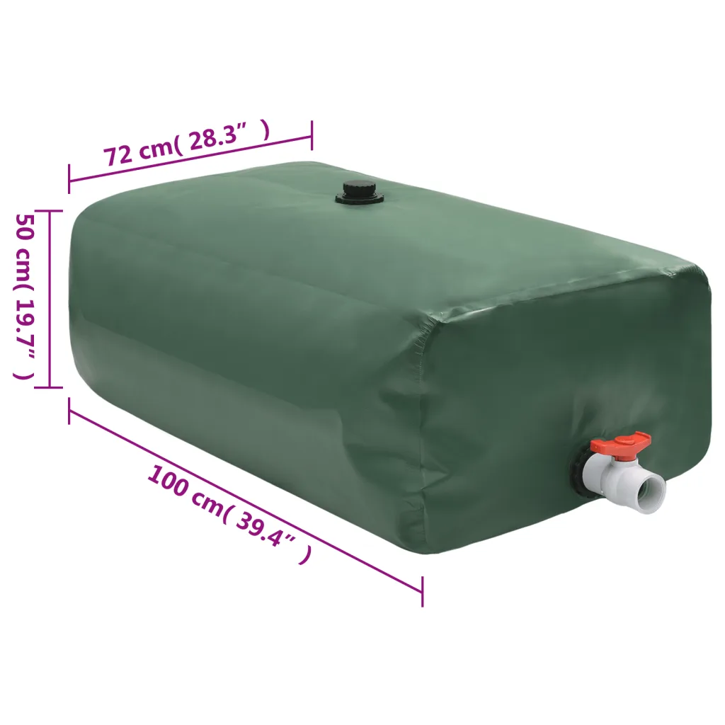Kokkupandav PVC veepaak kraaniga, ristkülikukujuline, 360 L, roheline, 100 x 72 x 50 cm