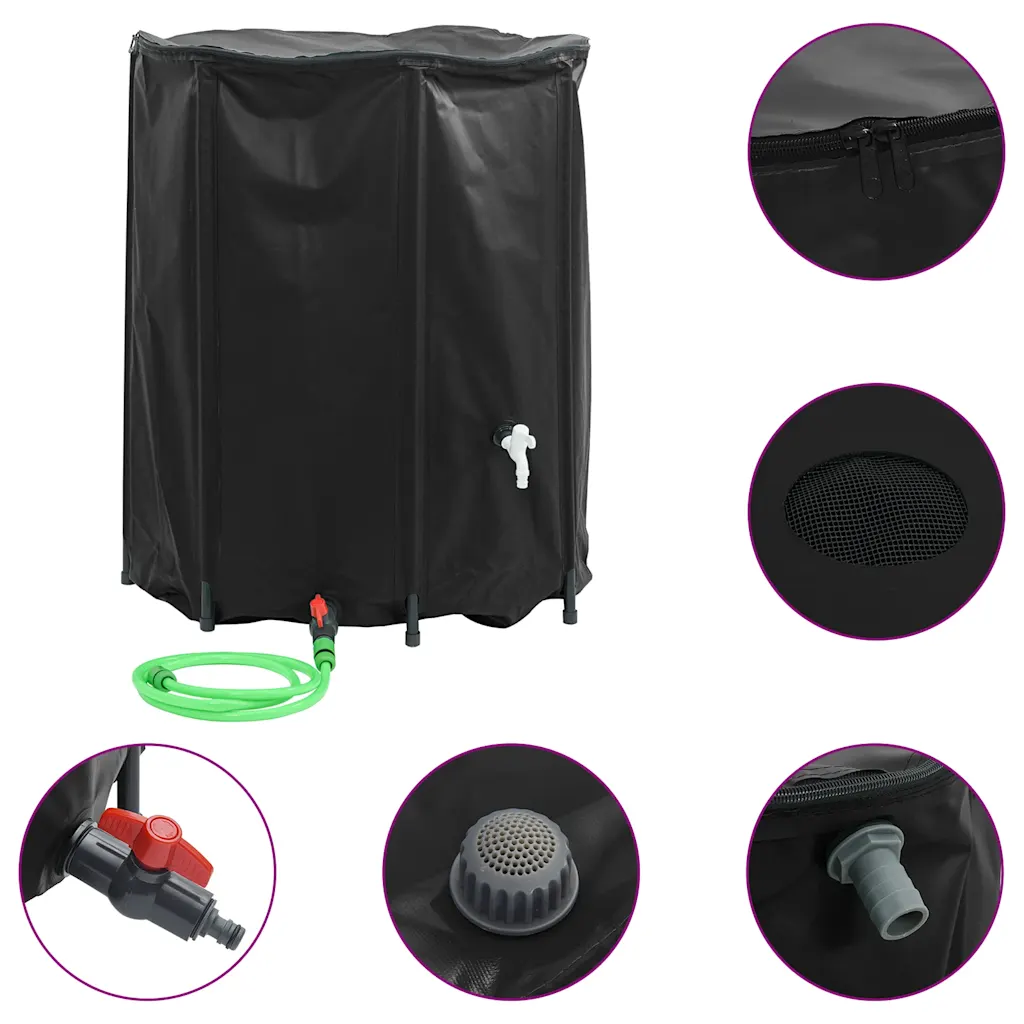 Kokkupandav vihmaveetünn kraaniga, 1250 l, must PVC, 120 x 110 cm