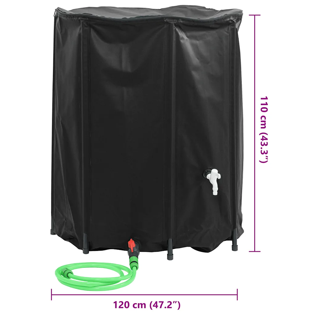 Kokkupandav vihmaveetünn kraaniga, 1250 l, must PVC, 120 x 110 cm