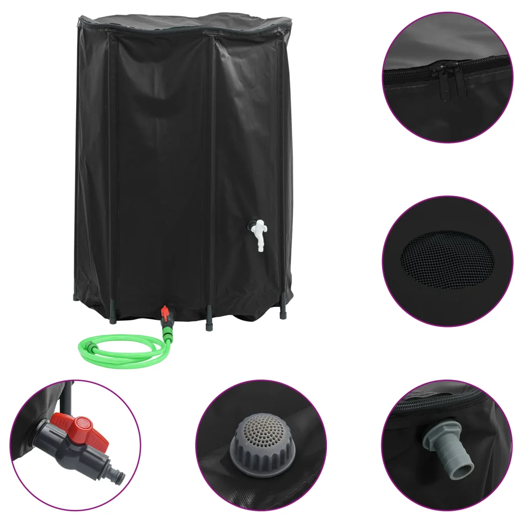 Kokkupandav vihmaveetünn kraaniga, 1350 l, must PVC, 120 x 120 cm